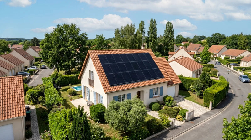 Maison française à toit de tuiles avec un champ de panneaux solaires noirs sur le pan sud et une marge de toiture libre autour des modules
