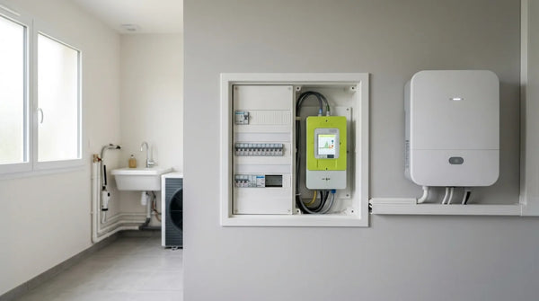 Tableau électrique avec compteur Linky en gros plan dans une buanderie française moderne, à côté d'un onduleur solaire mural — illustration de l'injection de surplus solaire sur le réseau