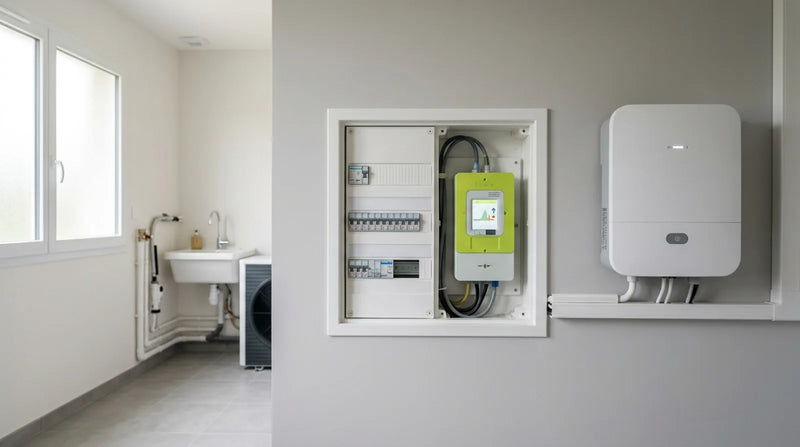 Tableau électrique avec compteur Linky en gros plan dans une buanderie française moderne, à côté d'un onduleur solaire mural — illustration de l'injection de surplus solaire sur le réseau