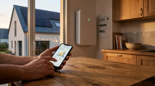 Main tenant un smartphone affichant une application de monitoring énergétique dans une cuisine au crépuscule, avec une batterie de stockage domestique murale visible en arrière-plan et une maison avec panneaux solaires par la fenêtre