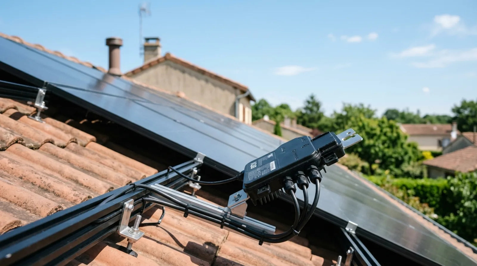 Micro-onduleur solaire fixé sous des panneaux photovoltaïques en toiture, câblage soigné, sur une maison française ensoleillée.