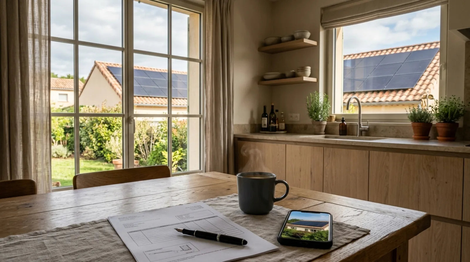Cuisine d'une maison française contemporaine avec facture d'installation solaire et smartphone sur table en bois, panneaux solaires visibles à travers les fenêtres
