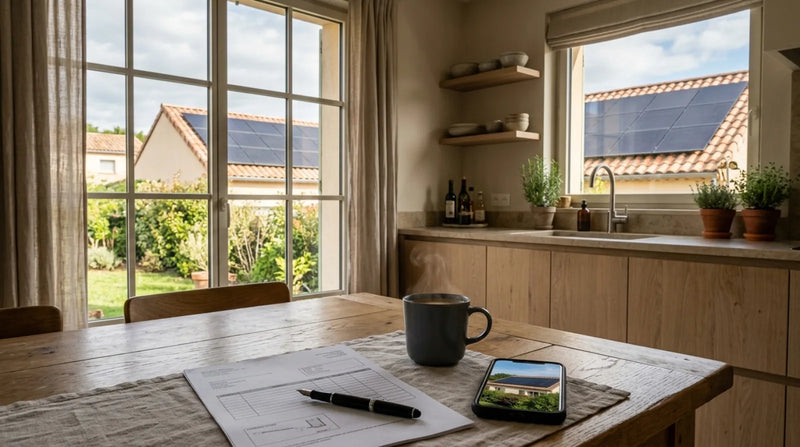 Cuisine d'une maison française contemporaine avec facture d'installation solaire et smartphone sur table en bois, panneaux solaires visibles à travers les fenêtres