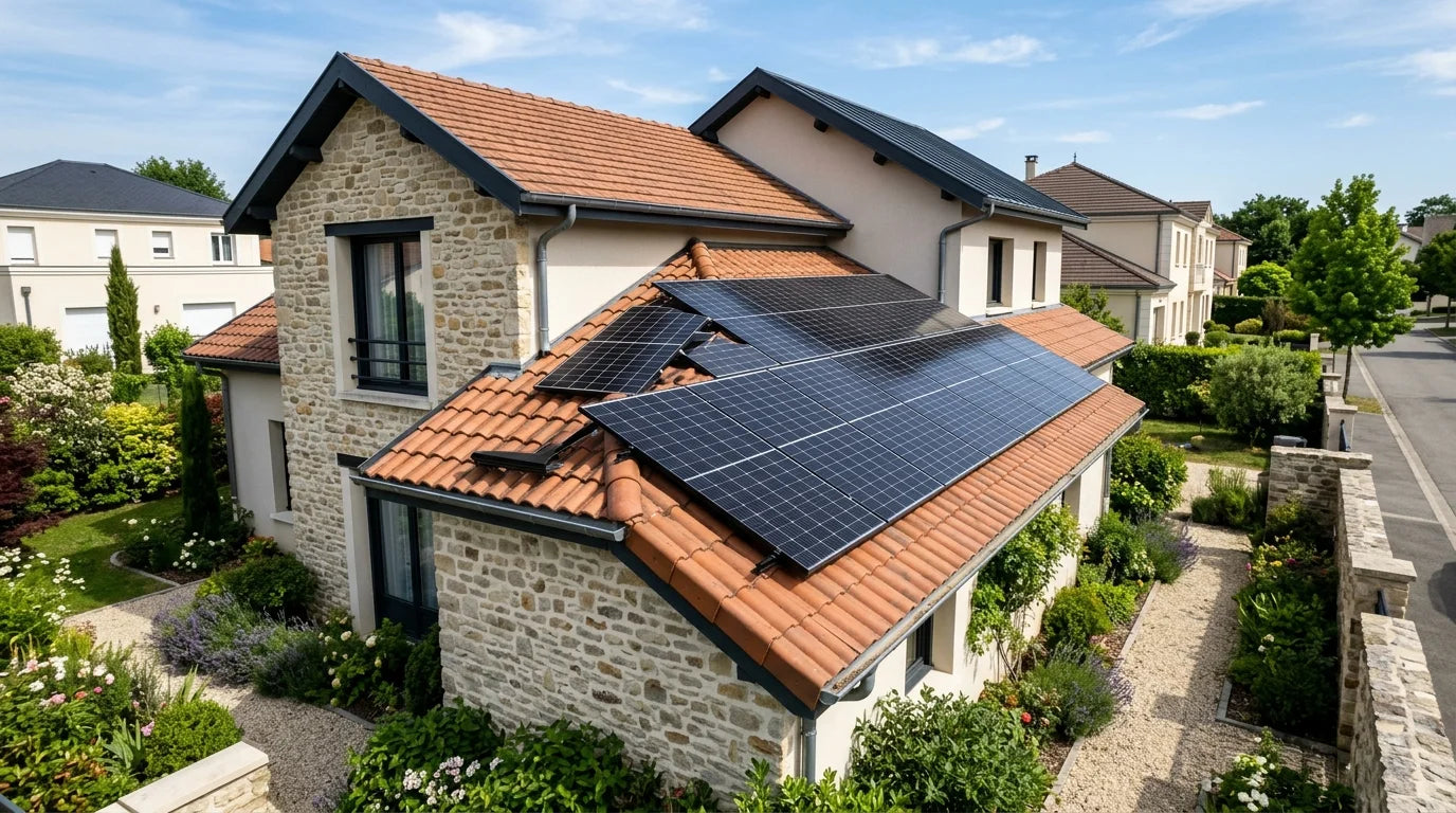 Maison individuelle française avec panneaux solaires photovoltaïques sur toiture en tuiles, quartier résidentiel ensoleillé, illustration TVA installation solaire 2026.
