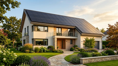 Maison équipée d'un kit solaire en autoconsommation avec panneaux photovoltaïques sur le toit