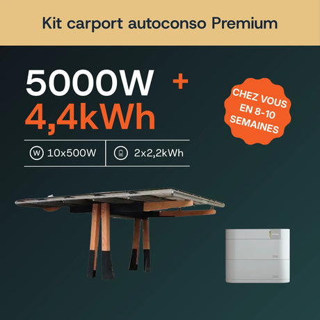 Carport solaire en bois avec batterie 4,4 kWh — vue d'ensemble du kit