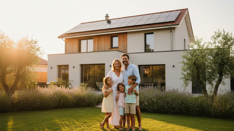 Famille française devant maison avec panneaux solaires coucher de soleil