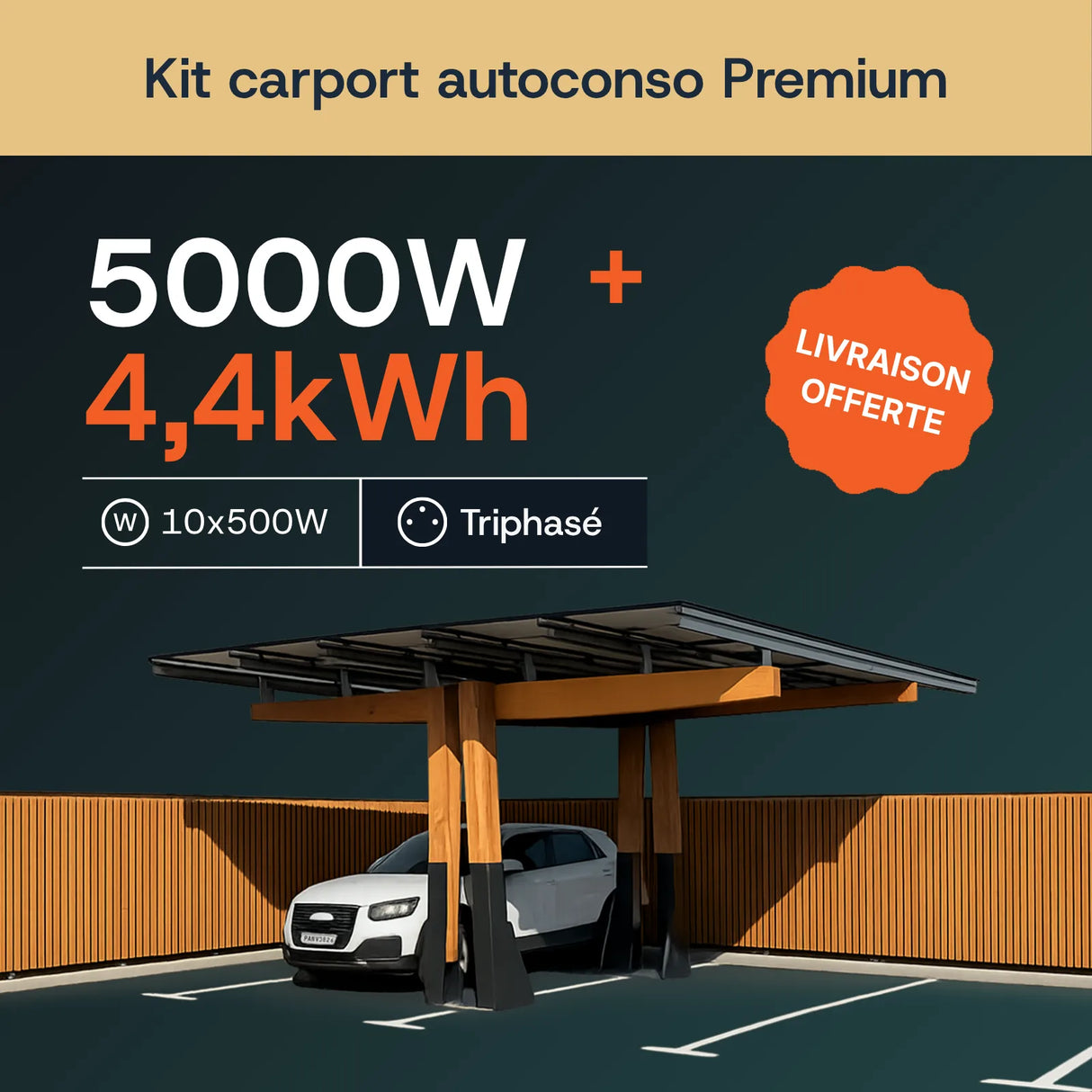 Carport solaire K2 Bois 5 kWc + batterie 4,4 kWh Enphase triphasé